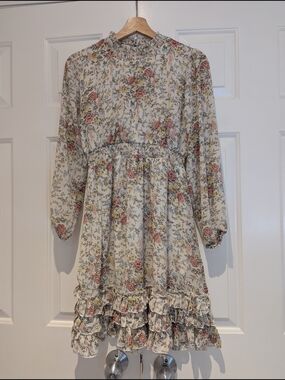 Floral Long Sleeve Midi Mini Dress Retro Boho Cottagecore Coquette Romantic S/XS
